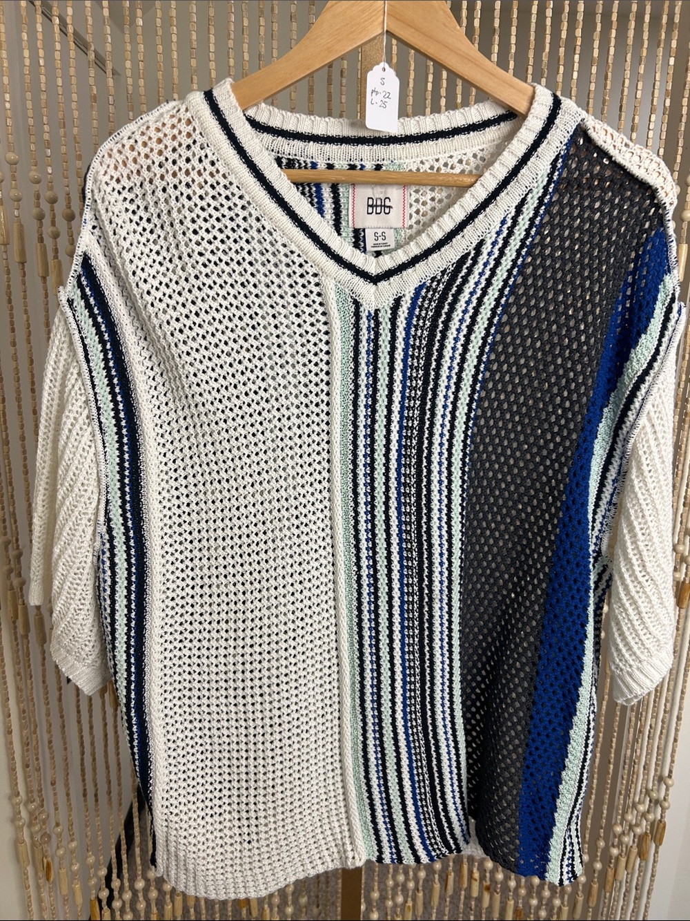 BDG Domino Sweater Tee Open-Knit V-Neck Striped Pullover in White, Blue & Gray